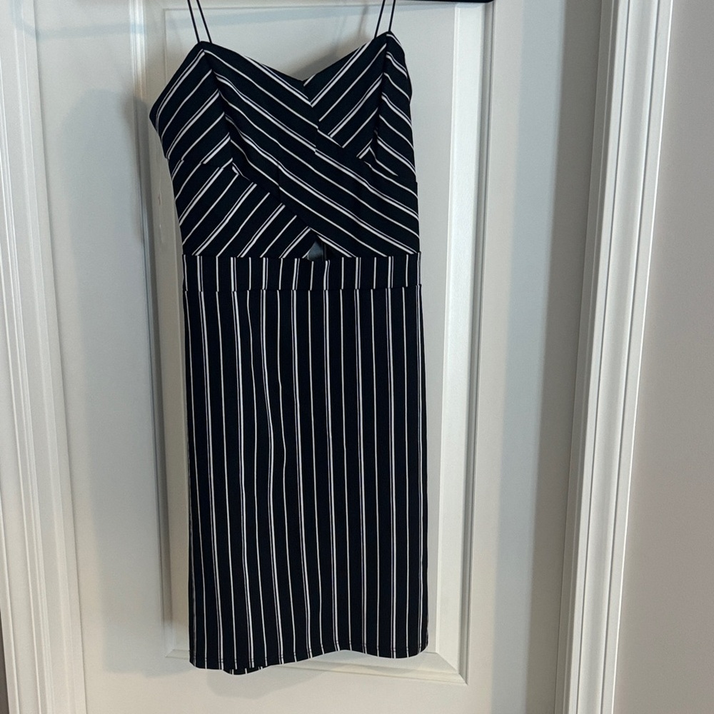 Shinestar Black and White Striped Mini Dress with cutout in front